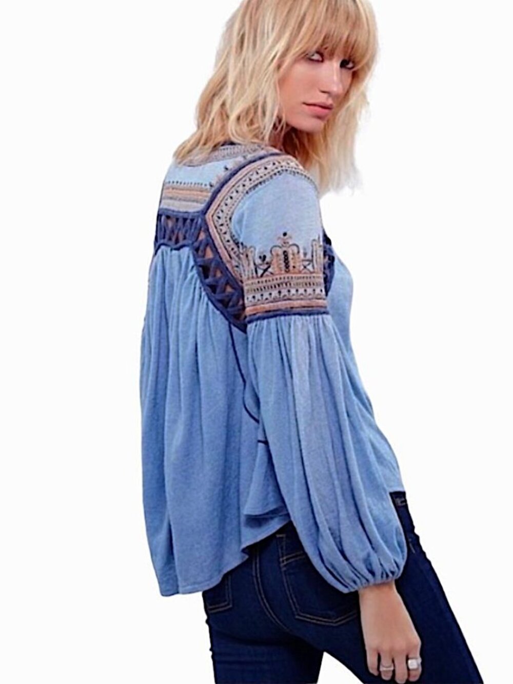 FREE PEOPLE Snow Kisses Embroidered Balloon Sleeve Top Size M Boho River Blue